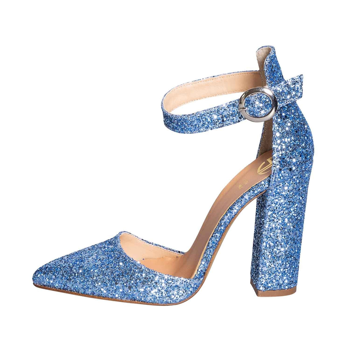 Scarpe a punta con tacco alto in glitter turchese made in italy