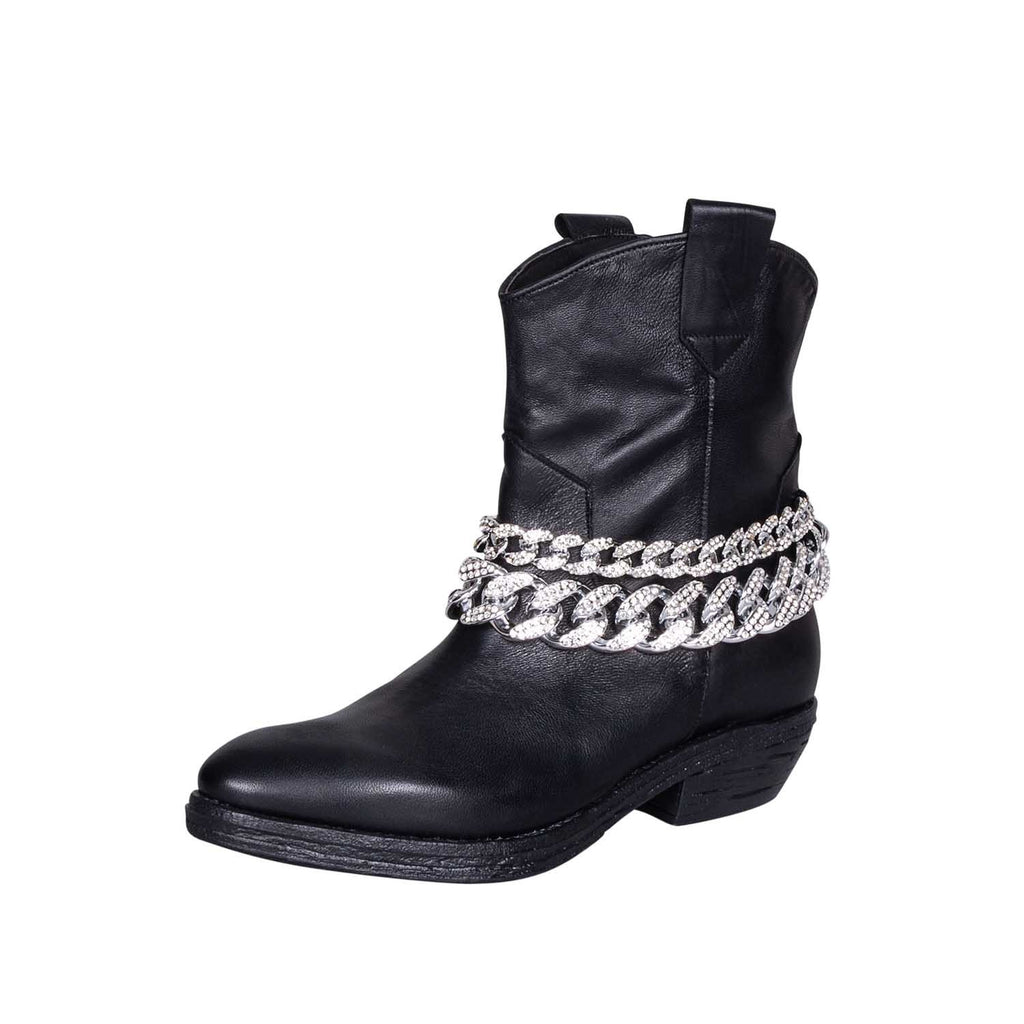 Stivaletti texani neri con cavigliera catena e cristalli