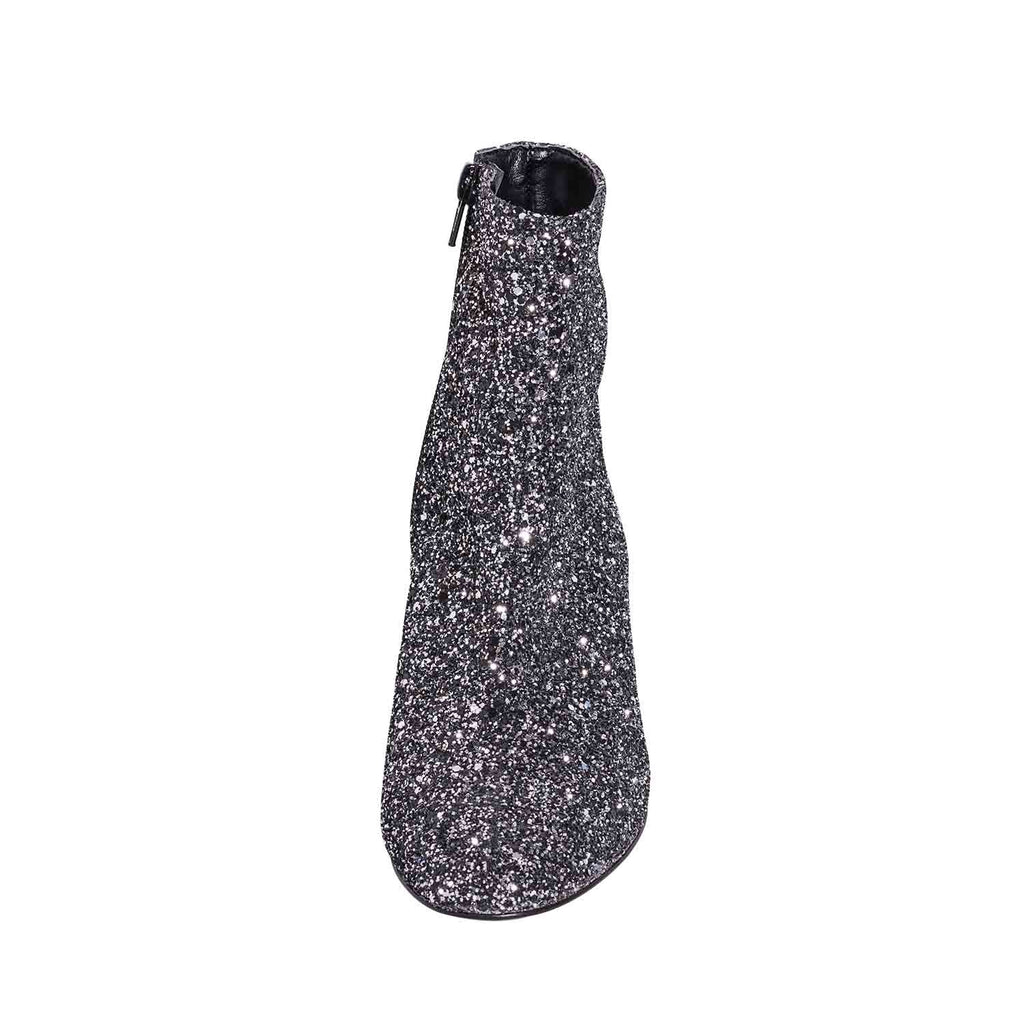 Stivaletti con tacco basso in glitter nero e grigio scuro misto altezza 5 cm stretti alla caviglia made in italy