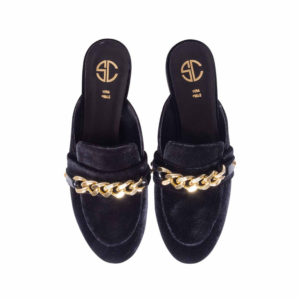 Sabot donna neri con catena slippers made in italy studio creazioni velluto