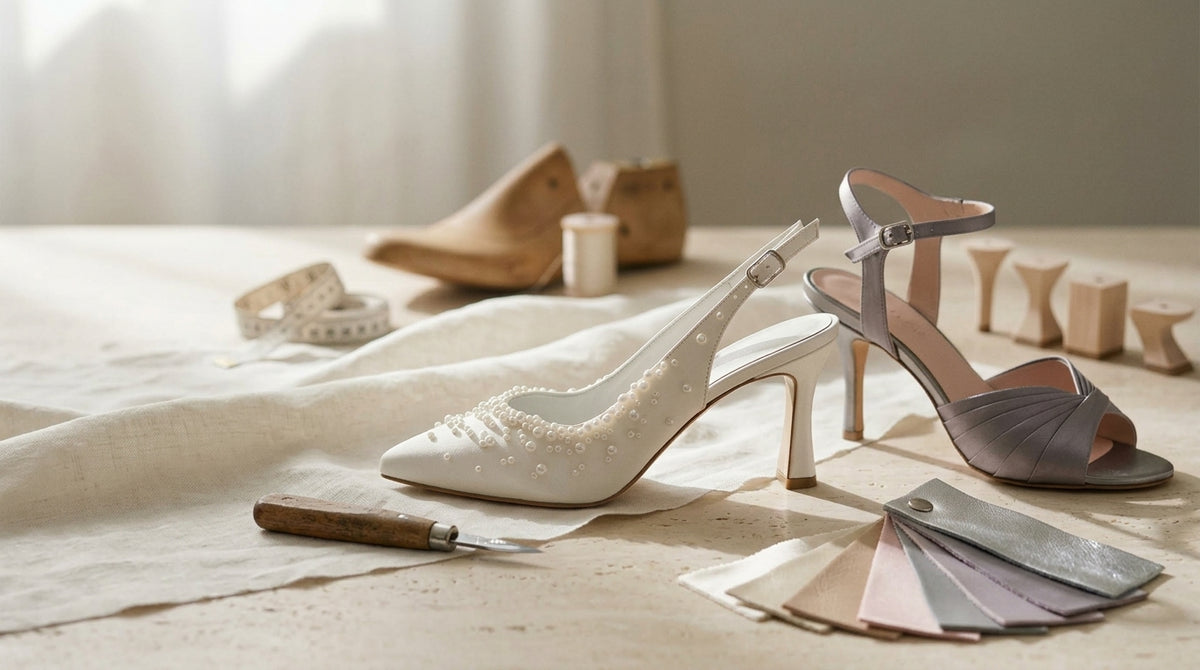 Scarpa da sposa con perle e sandalo plissettato nel nostro laboratorio