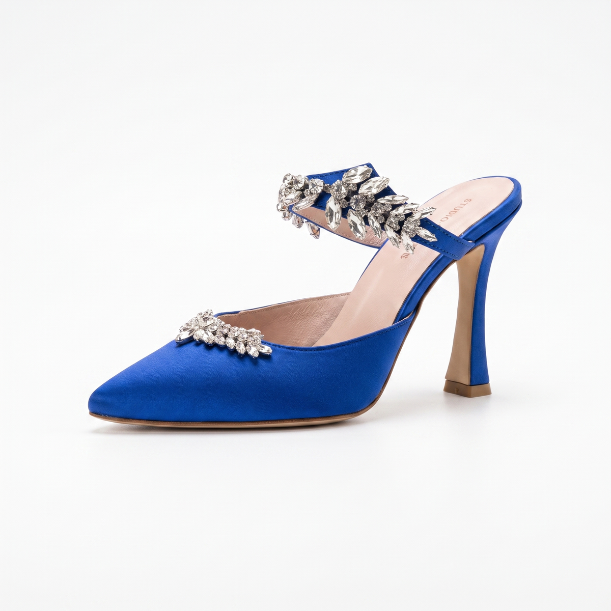 Mules da cerimonia in raso blu con applicazione di cristalli