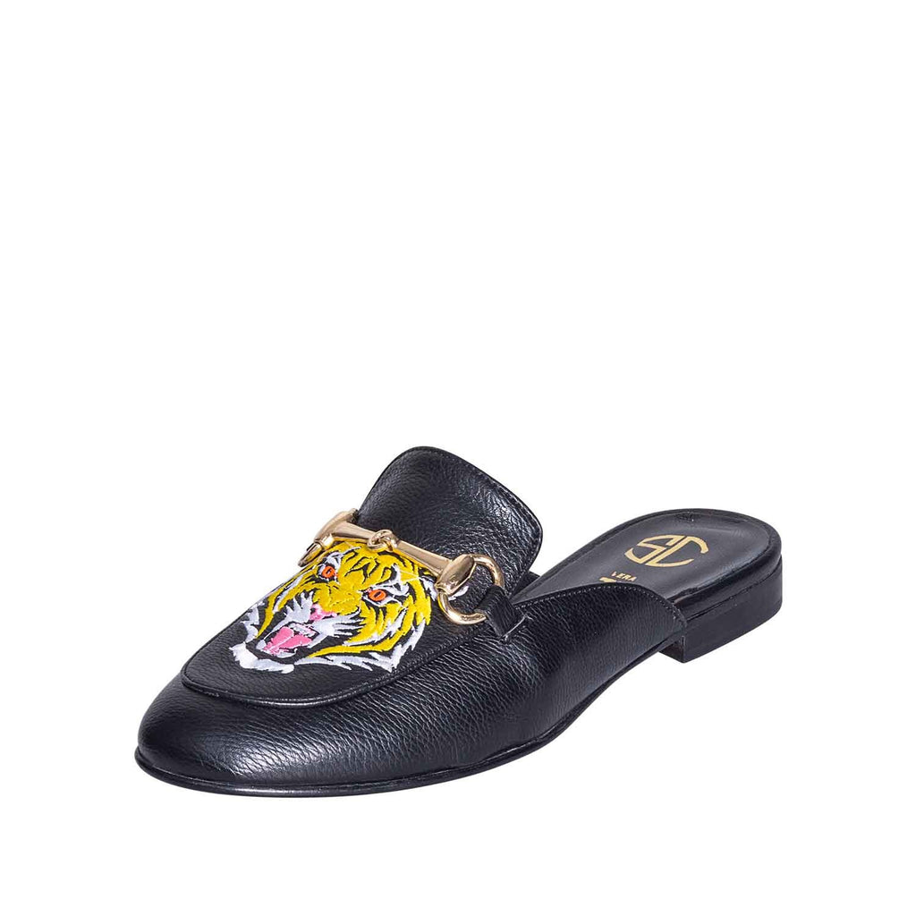 Mocassini slippers donna con tigre ricamata nere in pelle made in italy