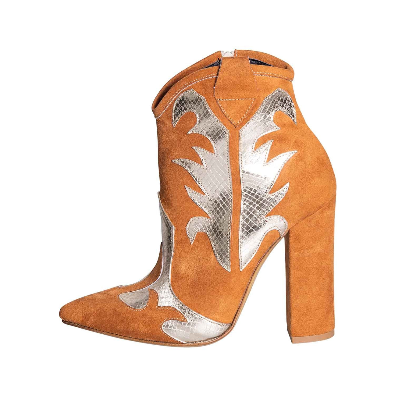 Stivaletti texani donna con tacco camoscio cuoio e riporti laminato platino made in italy