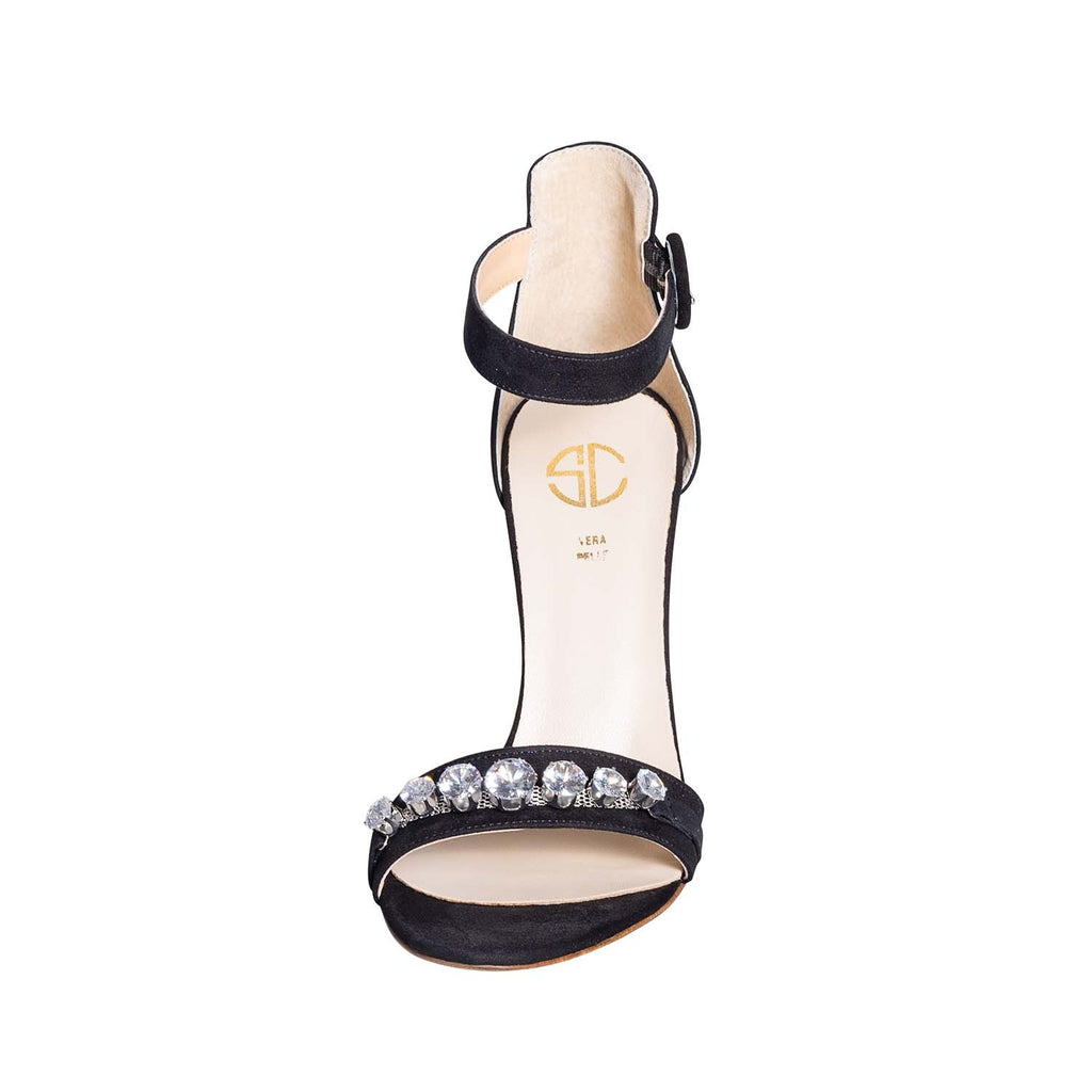 Sandalo gioiello tacco alto nero made in italy  studio creazioni in camoscio con strass