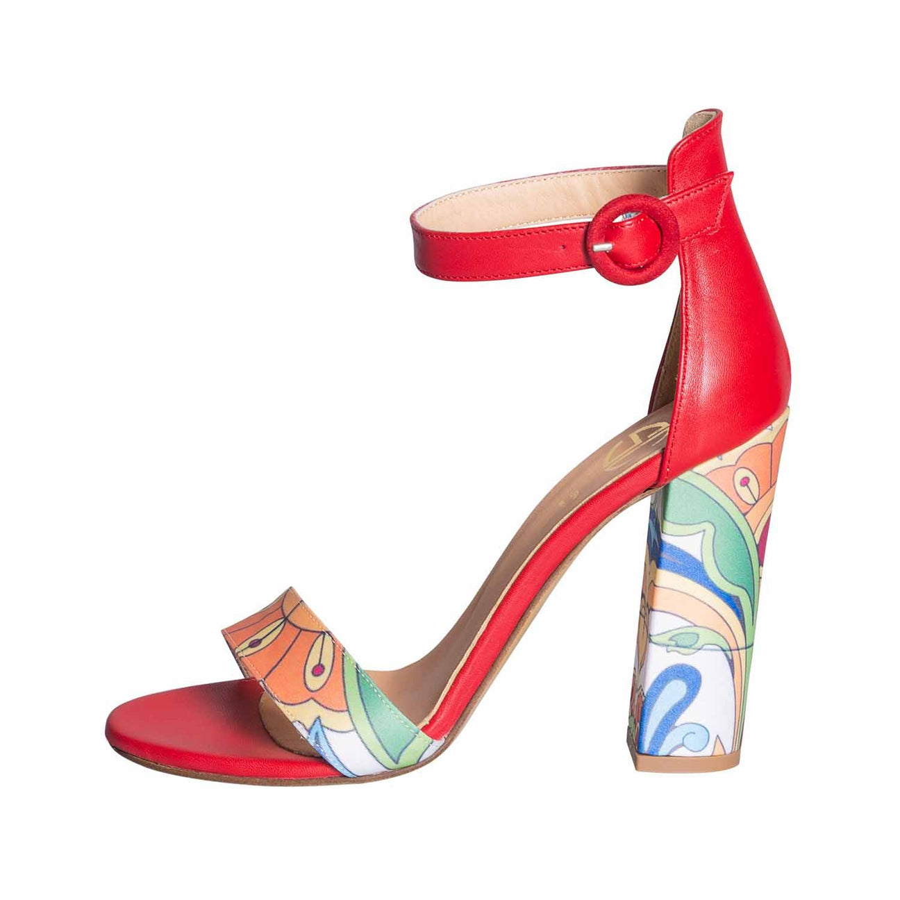 Sandali rossi con tacco alto stampa ceramica