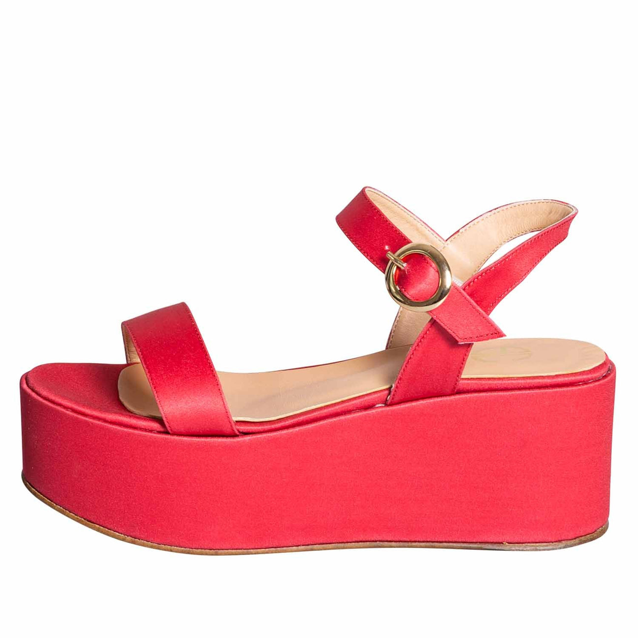 Sandali donna con zeppa raso corallo made in italy plantare vera pelle studio creazioni