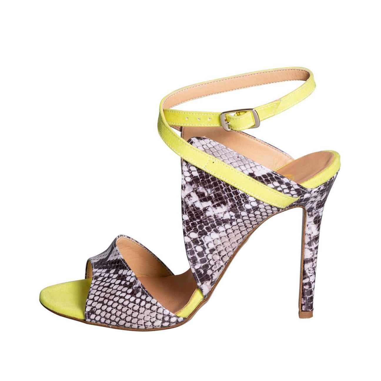 Sandali pitonati con tacco a spillo 10 cm made in italy studio creazioni cinturino camoscio giallo