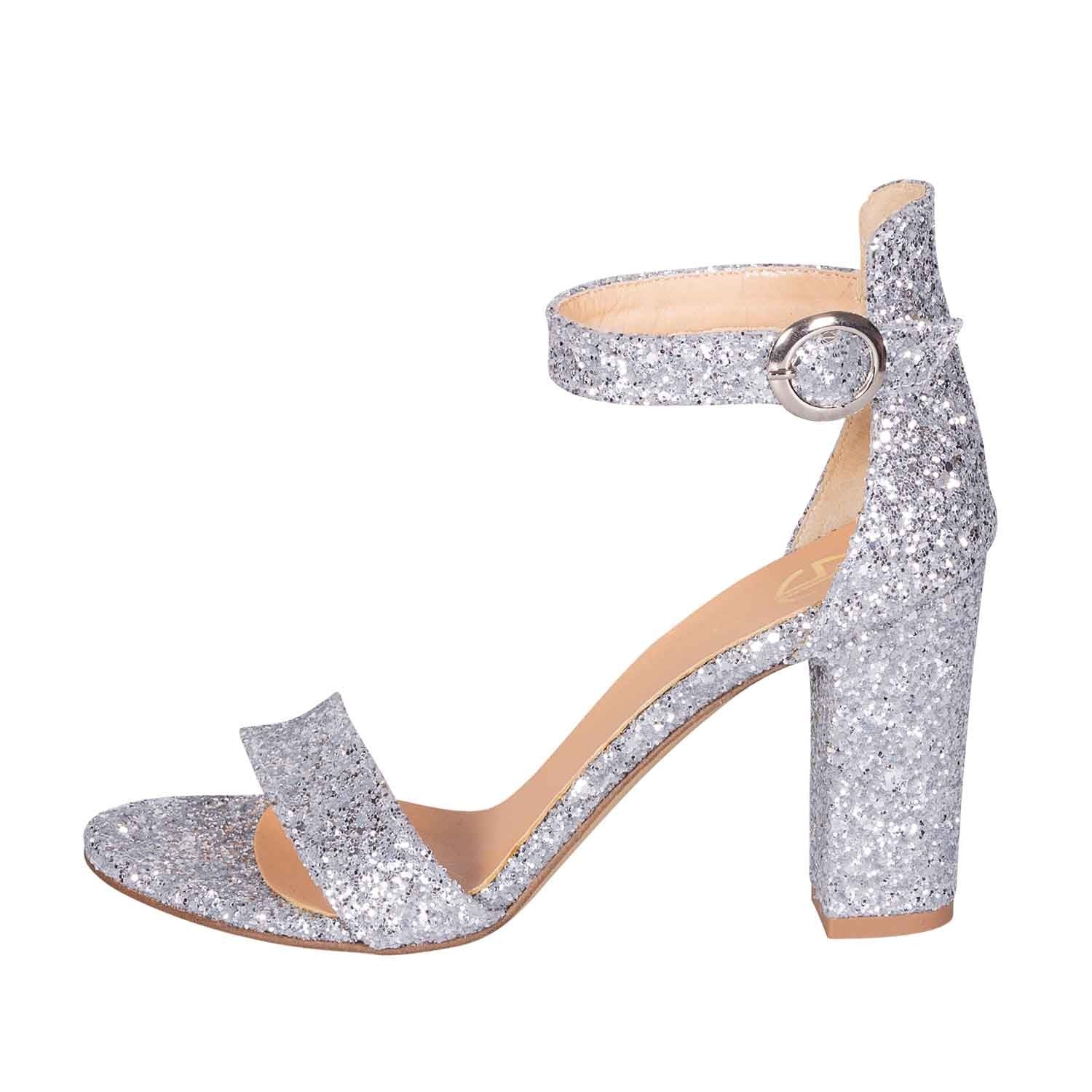 Sandali con tacco largo glitter argento made in italy studio