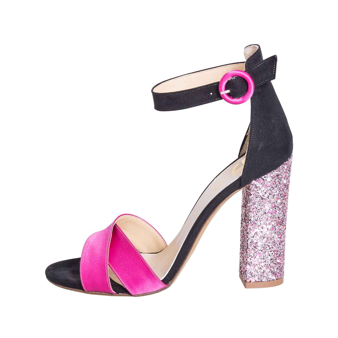 Sandali donna con tacco alto largo in glitter camoscio e raso