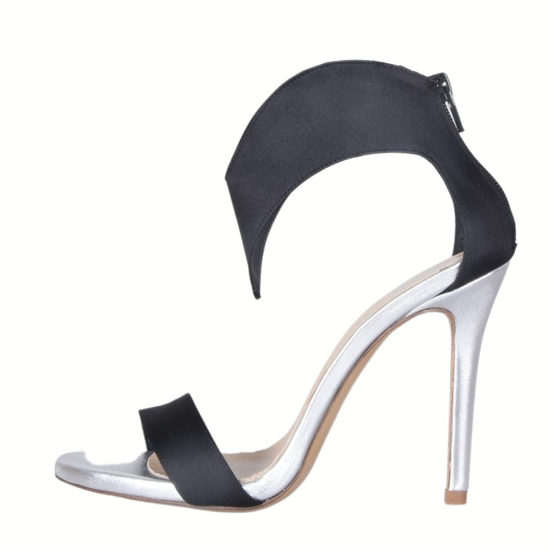 SANDALI DONNA CON PLATEAU INTERNO E TACCO 11 CM RASO NERO CAVIGLIA A "V"