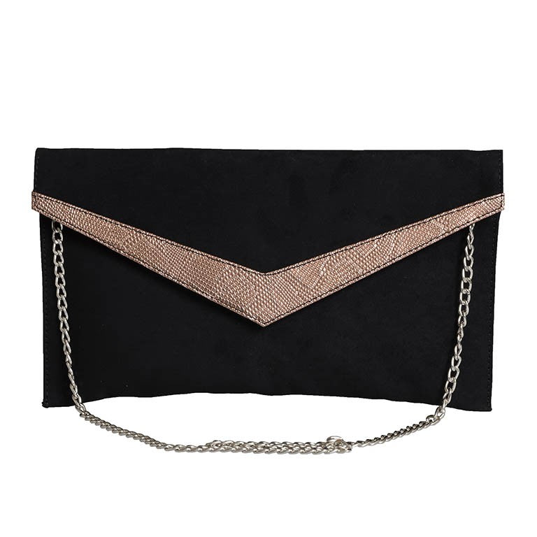 POCHETTE IN CAMOSCIO E LAMINATO NERO CON CATENA