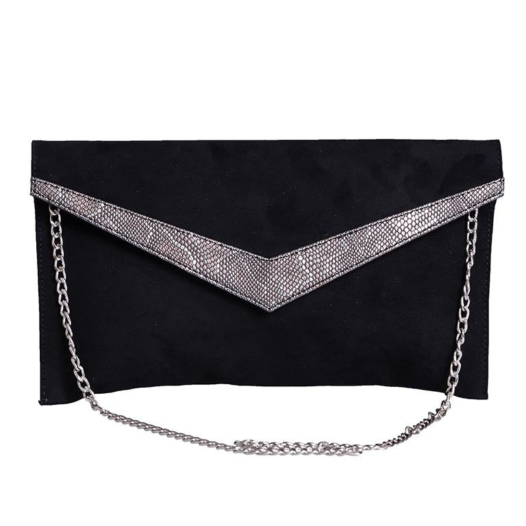 POCHETTE IN CAMOSCIO E LAMINATO NERO CON CATENA