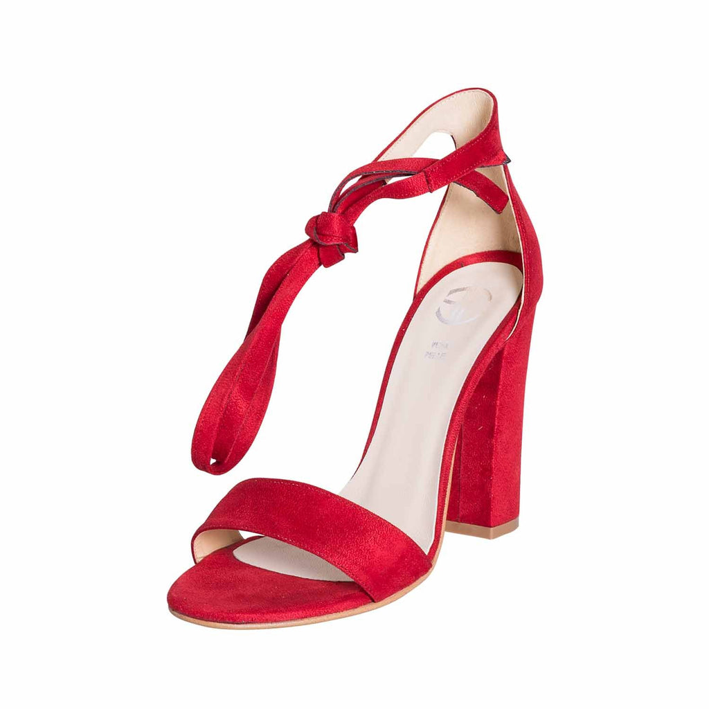 sandali con lacci alla cavigli amade in italy in camoscio rosso tacco alto largo 