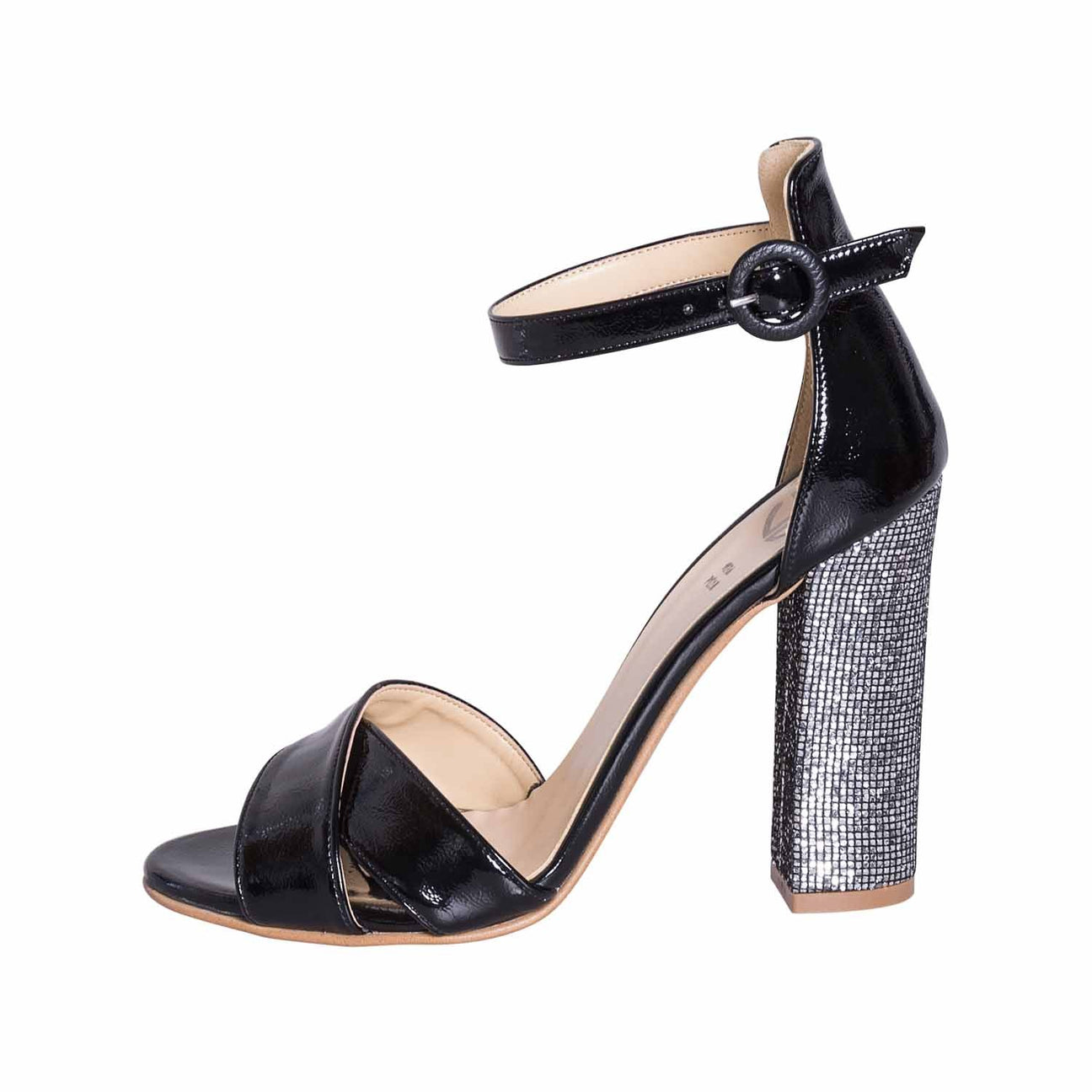 Sandali con tacco largo vernice nero made in italy riporto glitter nuova collezione studio creazioni