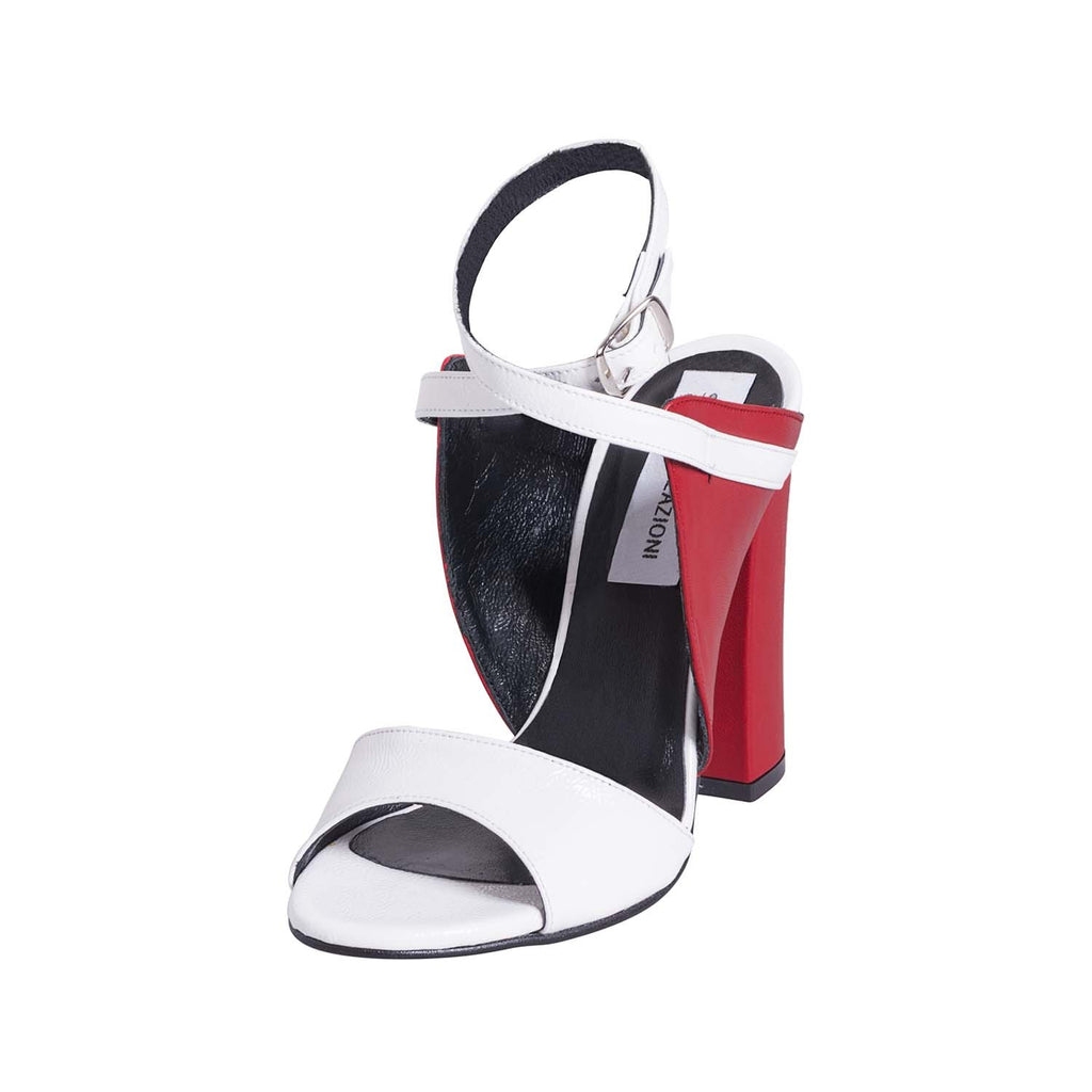 Sandali con tacco largo e cinturino bianchi e rossi di tendenza made in italy studio creazioni plantare vera pelle