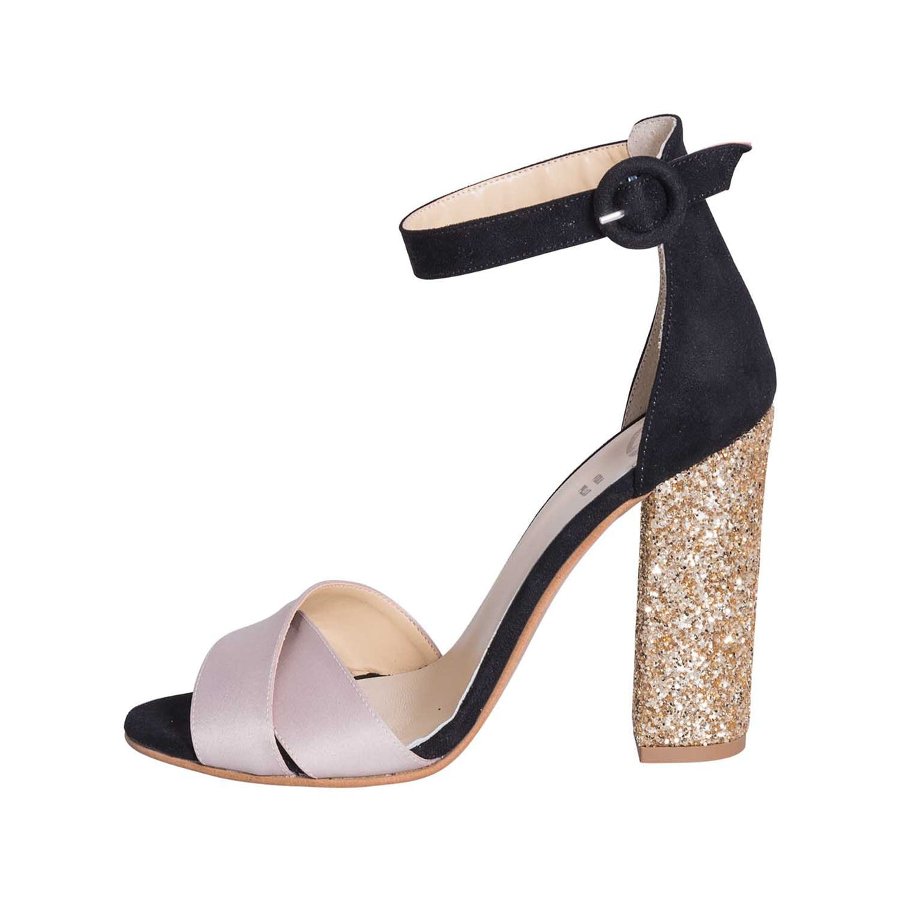 Sandali donna con tacco alto largo in glitter platino camoscio nero e raso taupe tacco 10 made in italy