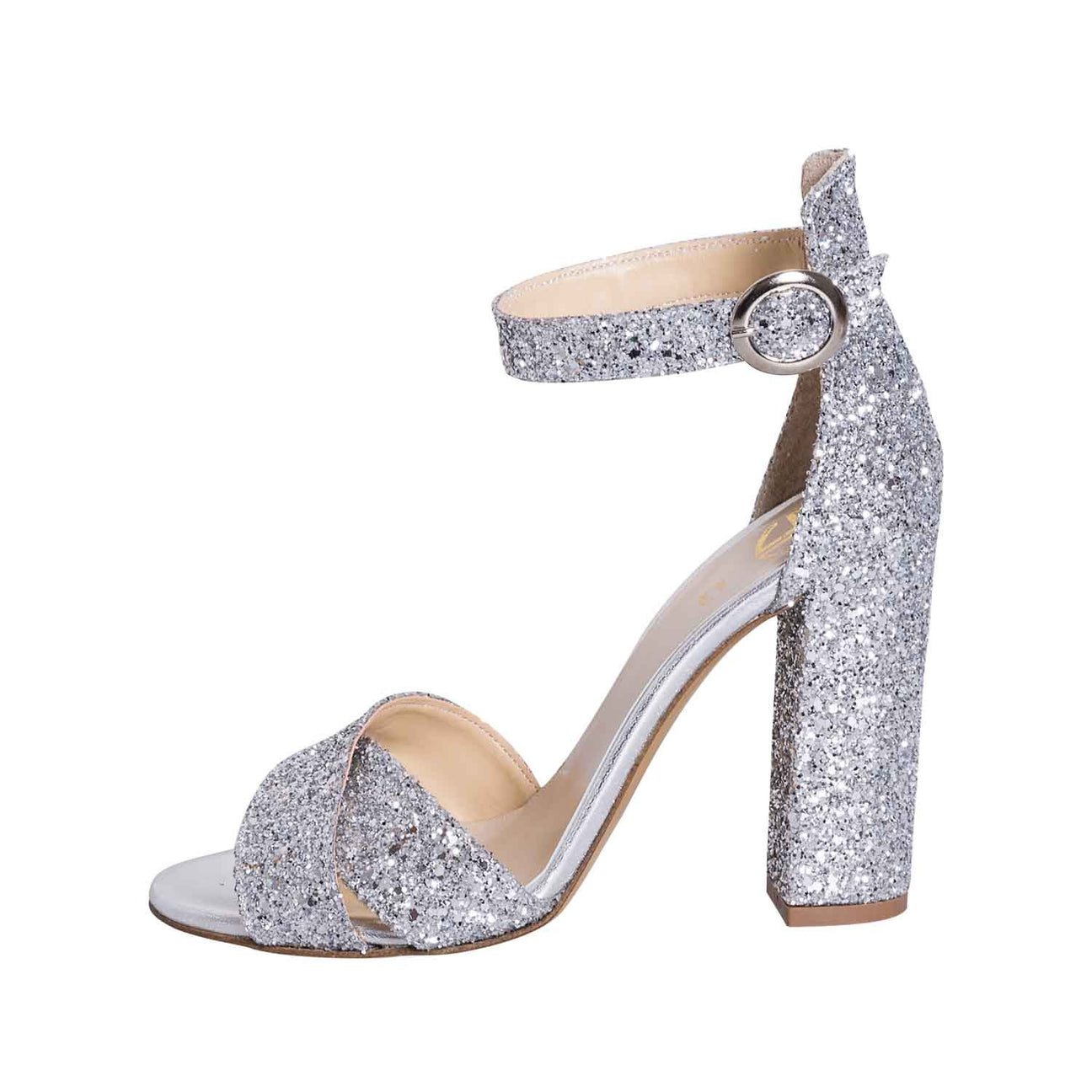 Sandali con tacco largo glitter argento made in italy studio creazioni plantare vera pelle 