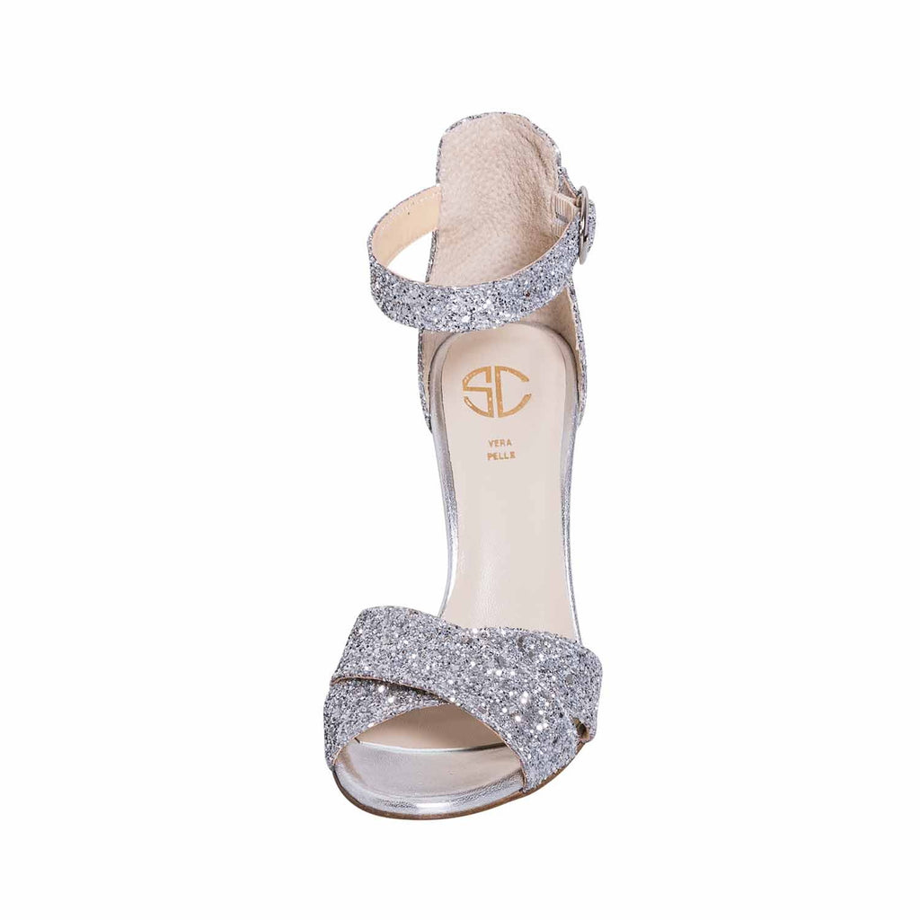 Sandali con tacco largo glitter argento made in italy studio creazioni plantare vera pelle 