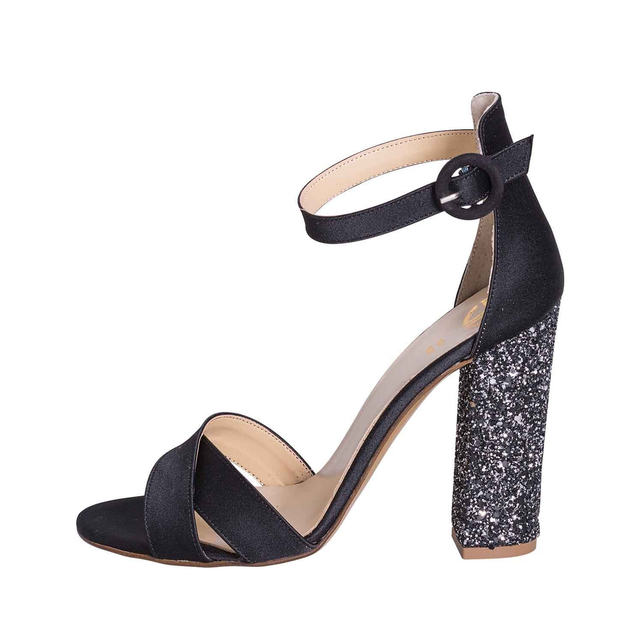 Sandali con tacco largo raso nero made in italy vera pelle studio creazioni