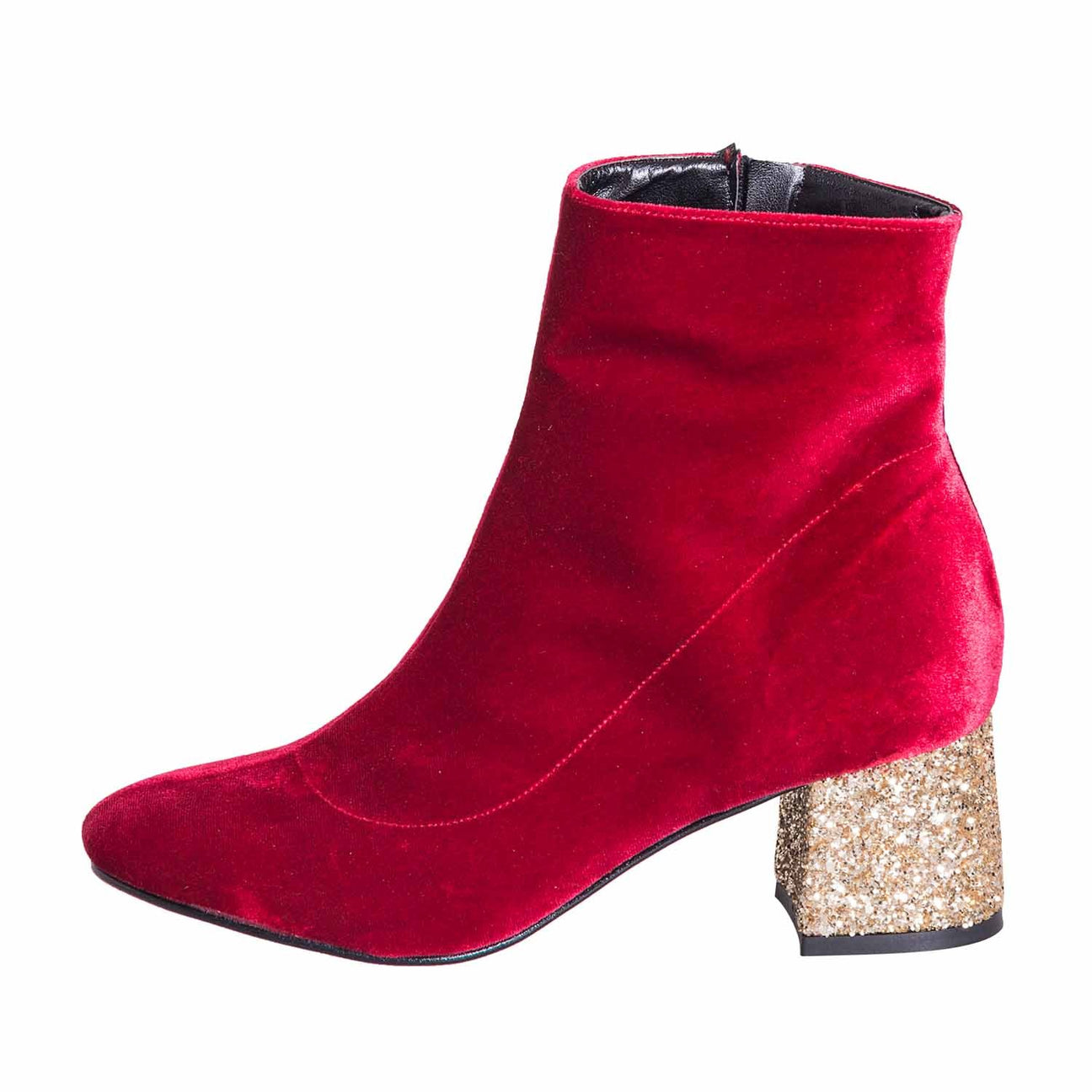 Stivaletti con tacco basso velluto bordeaux made in italy con riporto in glitter platino studio creazioni