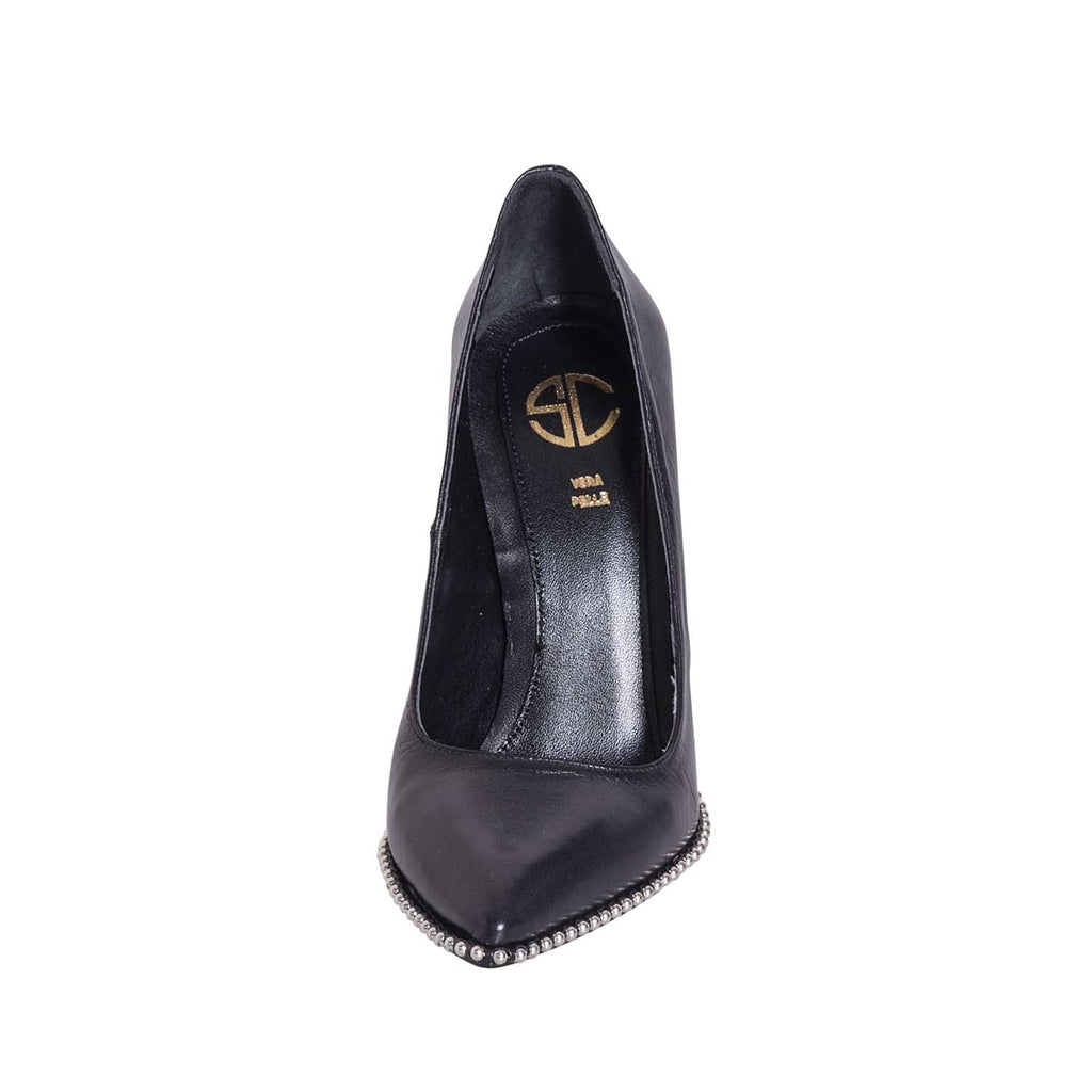 Decoltè donna con tacco largo pelle nero studio creazioni made in italy  artigianali scarpe  con borchie 