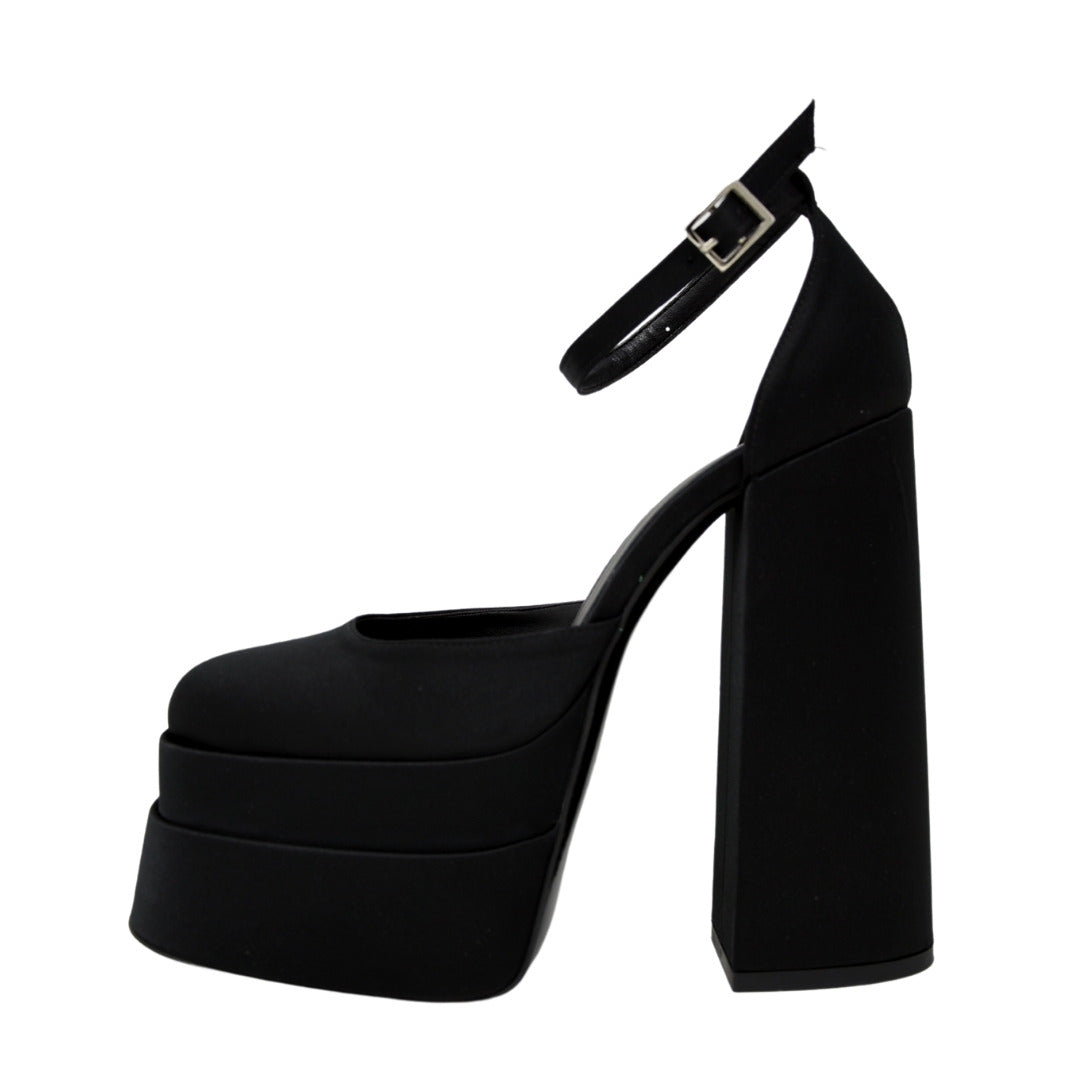 Scarpe con doppio plateau in raso nero made in italy tacco 15